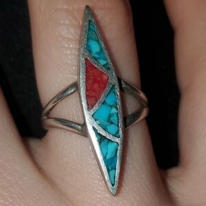 Turquoise and Coral Chip Native American Sterling Silver Ring Navajo Turquoise